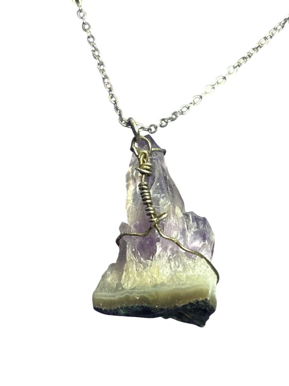 Silvertone Wire Wrapped Natural Amethyst Quartz Crystal Pendant Necklace Chain